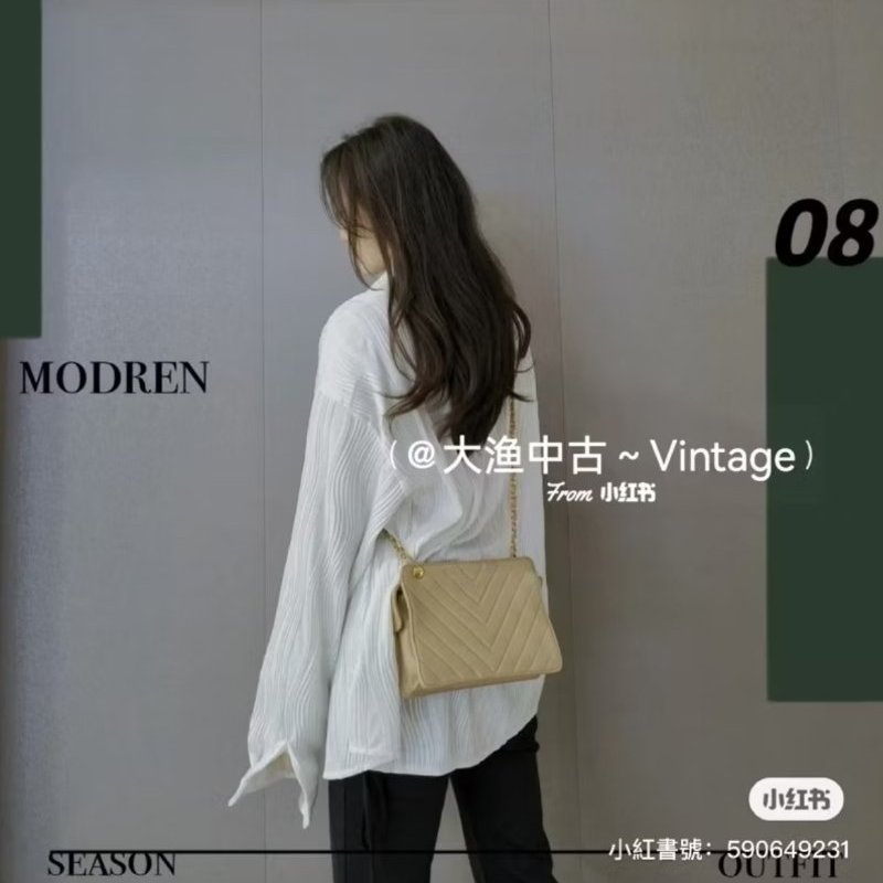Chanel 老香/ 真品/香奈兒Vintage 奶茶色 大地色 /山型紋 /羊皮 肩背包 斜背包 側背包 鍊條包-1