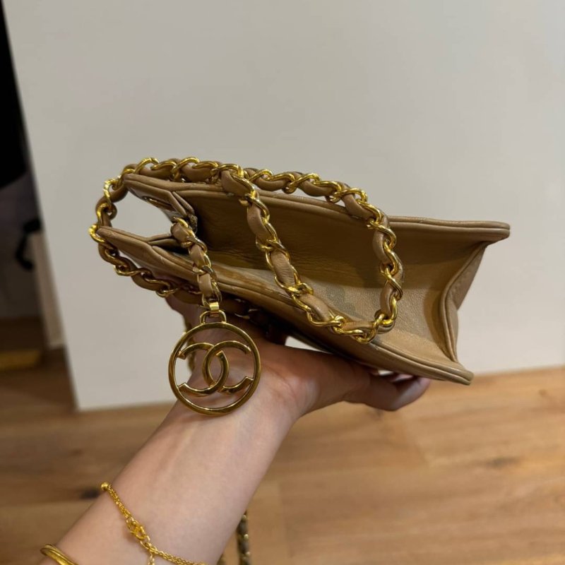Chanel 老香/ 真品/香奈兒Vintage 奶茶色 大地色 /山型紋 /羊皮 肩背包 斜背包 側背包 鍊條包-5