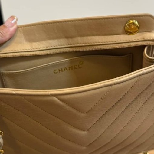 Chanel 老香/ 真品/香奈兒Vintage 奶茶色 大地色 /山型紋 /羊皮 肩背包 斜背包 側背包 鍊條包-15