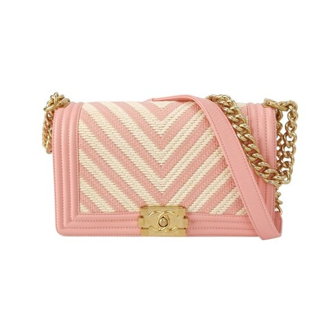 CHANEL LEBOY季節限定款牛皮V紋編織 粉色 金扣 中號 25cm 肩背包 斜背包