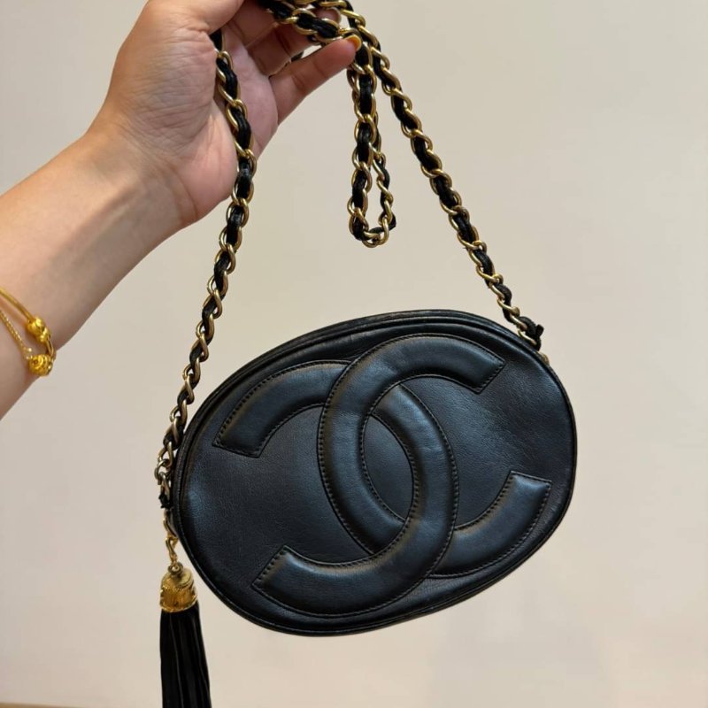 chanel vintage 黑金 斜背包 帶鍊包 蛋形包 流蘇包 肩背包 側背包 手提包-0