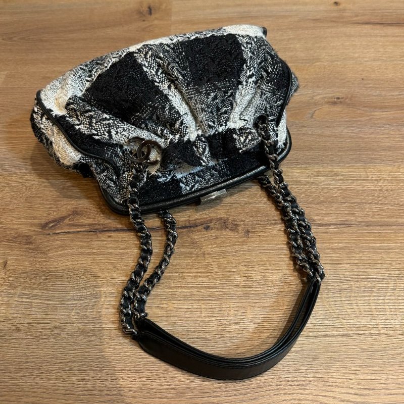 chanel 香奈兒 vintage 毛呢 黑色秀款 黑白格紋 手提包 肩背包 帶鍊包 鍊條包-5