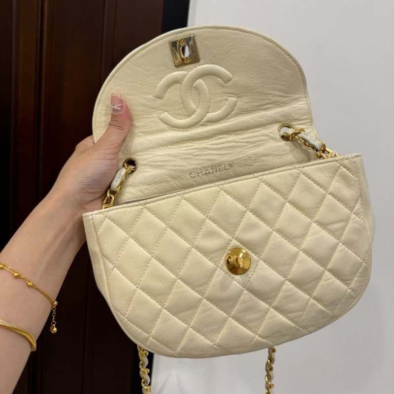 chanel 香奈兒 vintage 米黃 卡其 半月包 肩背包 鏈帶包 鍊條包 斜背包 側背包-13