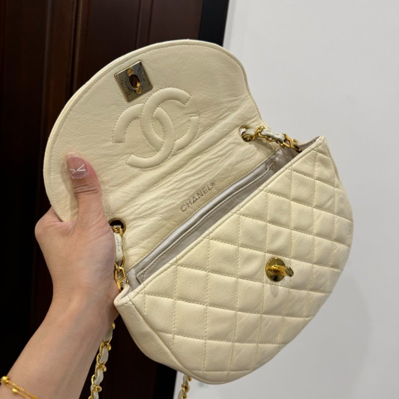 chanel 香奈兒 vintage 米黃 卡其 半月包 肩背包 鏈帶包 鍊條包 斜背包 側背包-14