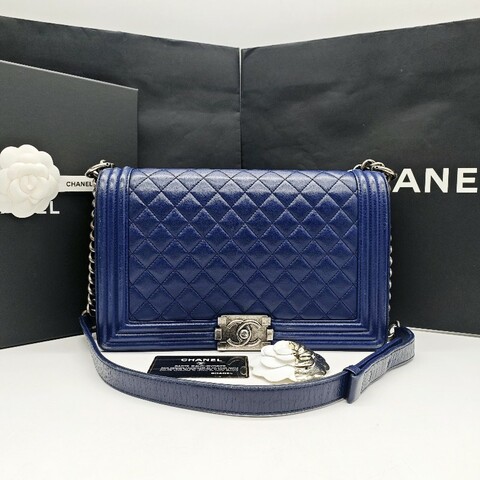Chanel 藍色銀扣羊皮中大號 28cm Leboy經典菱格紋 做舊銀色五金 肩背包