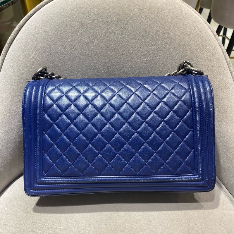 Chanel 藍色銀扣羊皮中大號 28cm Leboy經典菱格紋 做舊銀色五金 肩背包-7