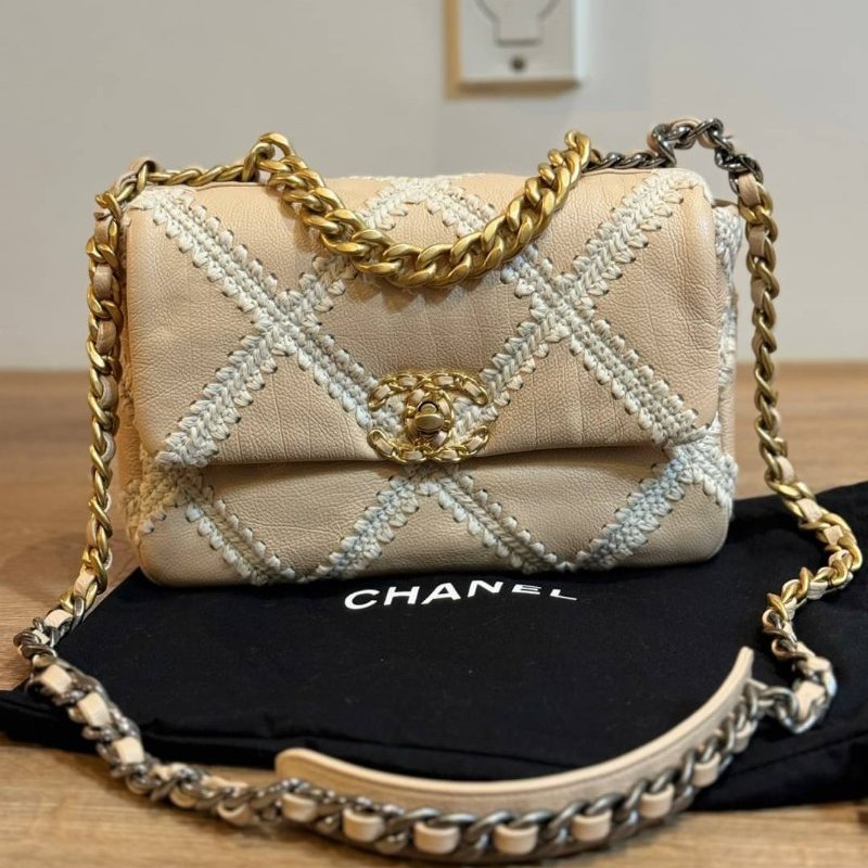CHANEL 香奈兒 限量款 19 牛皮 粉色 鈎花縫線二 斜背包 肩背包 鍊條包 側背包 手提包-7