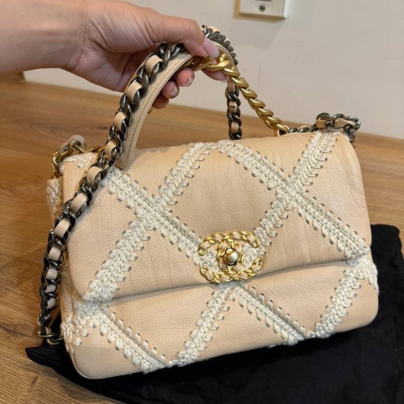 CHANEL 香奈兒 限量款 19 牛皮 粉色 鈎花縫線二 斜背包 肩背包 鍊條包 側背包 手提包-10
