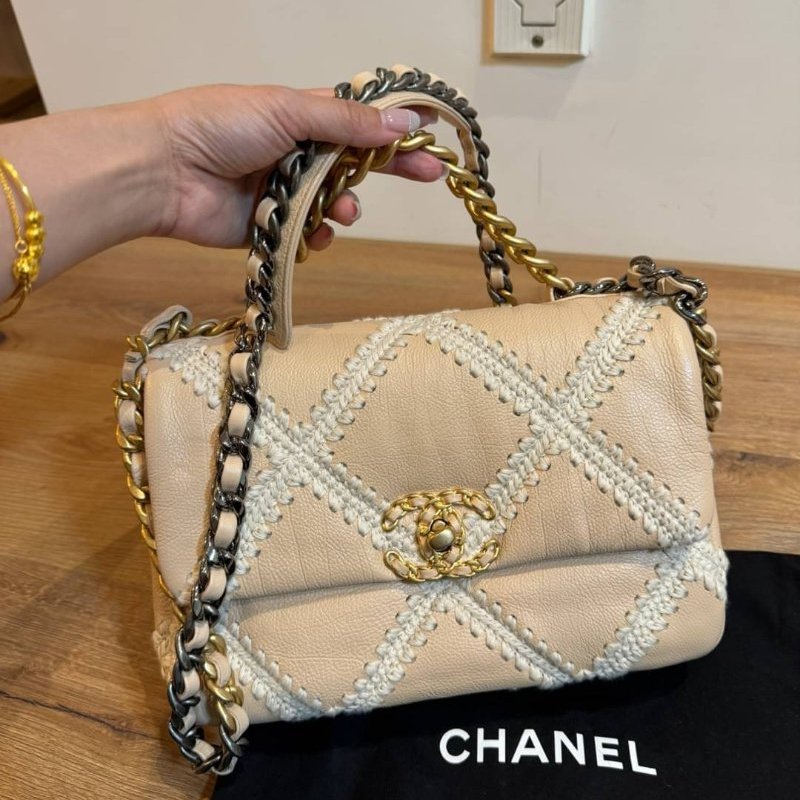CHANEL 香奈兒 限量款 19 牛皮 粉色 鈎花縫線二 斜背包 肩背包 鍊條包 側背包 手提包-11