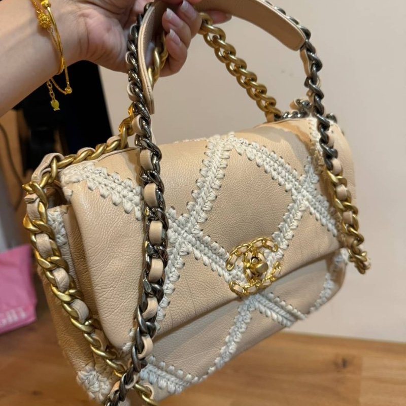CHANEL 香奈兒 限量款 19 牛皮 粉色 鈎花縫線二 斜背包 肩背包 鍊條包 側背包 手提包-12