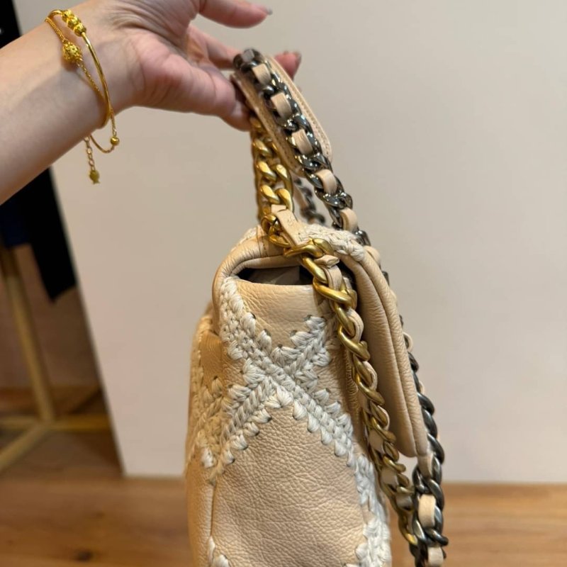 CHANEL 香奈兒 限量款 19 牛皮 粉色 鈎花縫線二 斜背包 肩背包 鍊條包 側背包 手提包-13