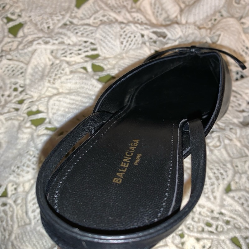 巴黎世家Balenciaga黑色皮革尖頭蝴蝶結 後繫帶扣腳踝跟鞋37 穆勒鞋-8