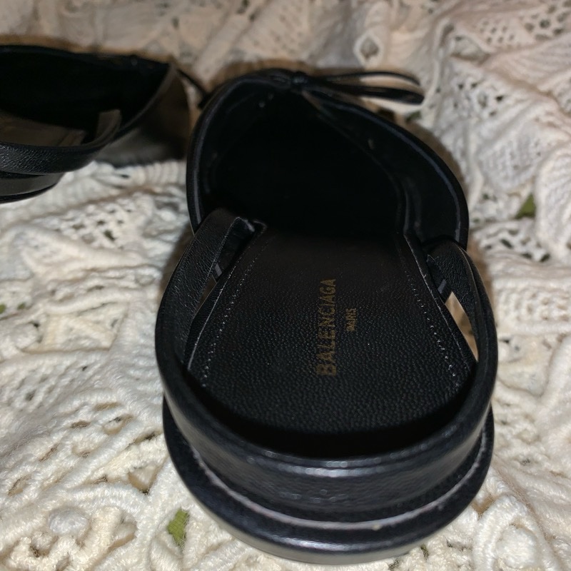 巴黎世家Balenciaga黑色皮革尖頭蝴蝶結 後繫帶扣腳踝跟鞋37 穆勒鞋-9