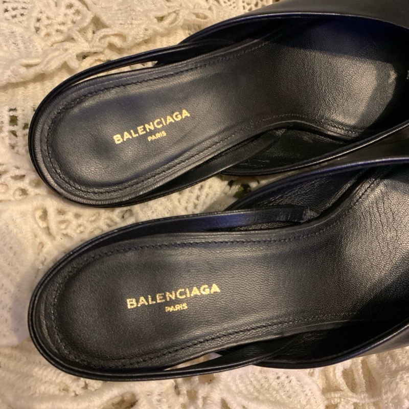 巴黎世家Balenciaga黑色皮革尖頭蝴蝶結 後繫帶扣腳踝跟鞋37 穆勒鞋-15