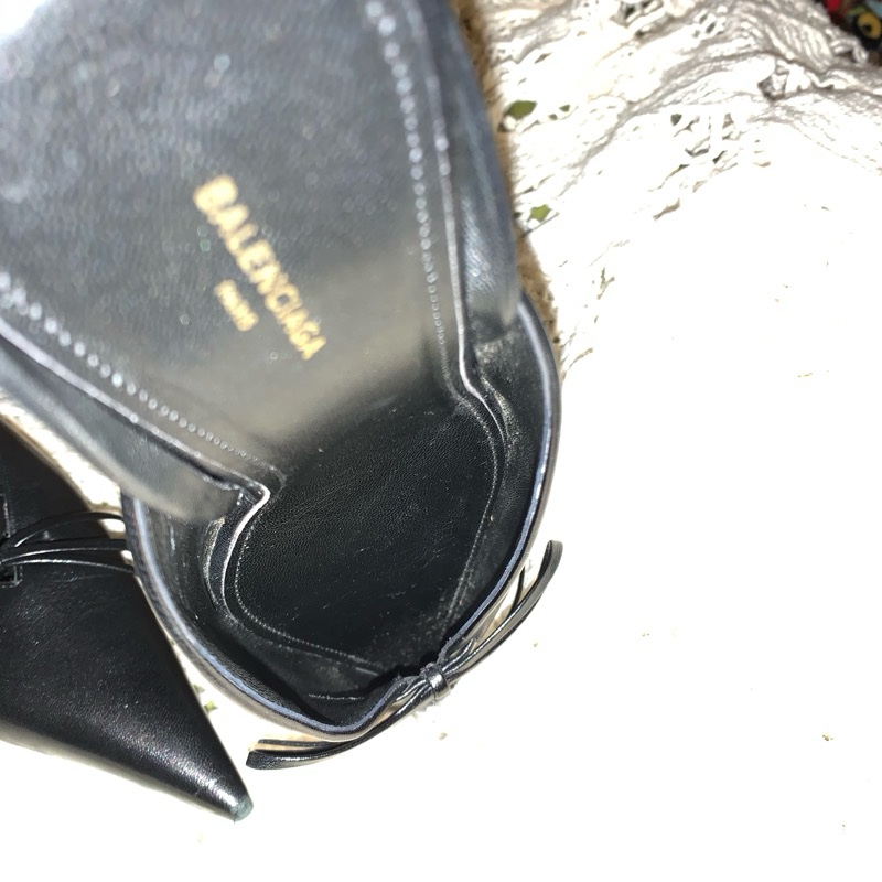 巴黎世家Balenciaga黑色皮革尖頭蝴蝶結 後繫帶扣腳踝跟鞋37 穆勒鞋-17