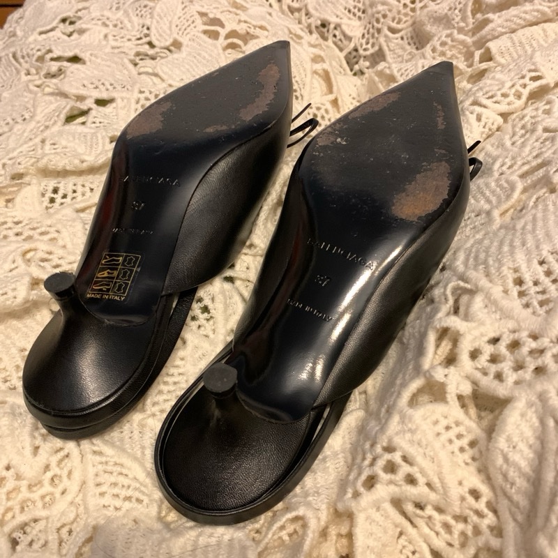 巴黎世家Balenciaga黑色皮革尖頭蝴蝶結 後繫帶扣腳踝跟鞋37 穆勒鞋-21