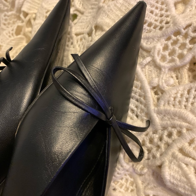 巴黎世家Balenciaga黑色皮革尖頭蝴蝶結 後繫帶扣腳踝跟鞋37 穆勒鞋-27