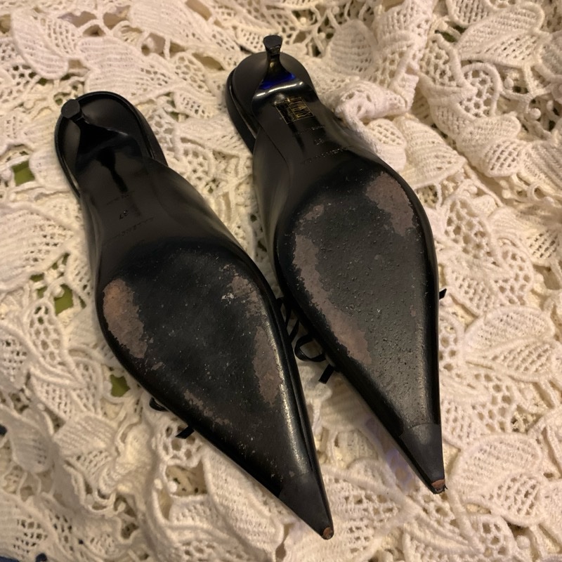 巴黎世家Balenciaga黑色皮革尖頭蝴蝶結 後繫帶扣腳踝跟鞋37 穆勒鞋-32