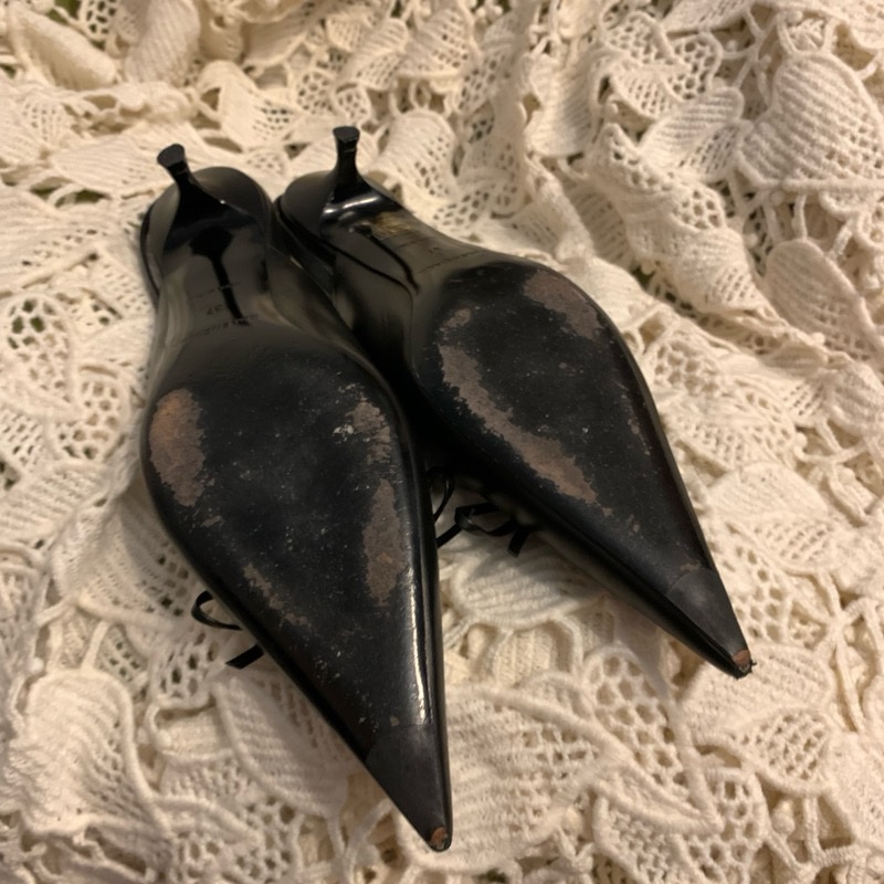 巴黎世家Balenciaga黑色皮革尖頭蝴蝶結 後繫帶扣腳踝跟鞋37 穆勒鞋-36