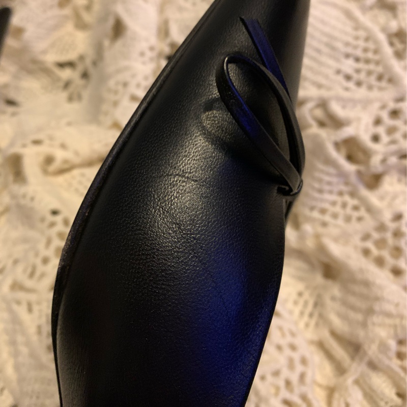 巴黎世家Balenciaga黑色皮革尖頭蝴蝶結 後繫帶扣腳踝跟鞋37 穆勒鞋-44