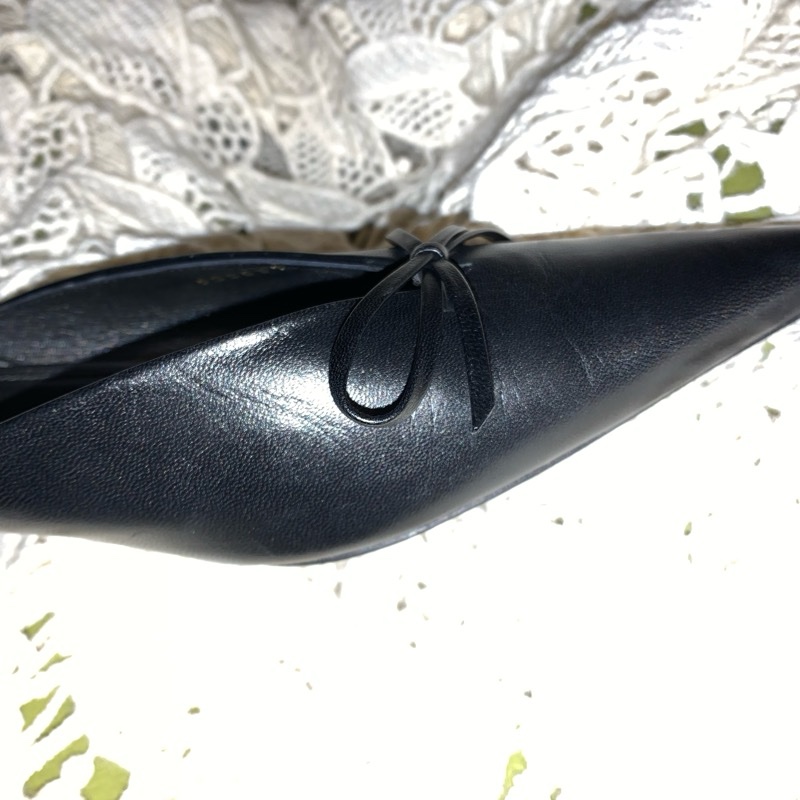 巴黎世家Balenciaga黑色皮革尖頭蝴蝶結 後繫帶扣腳踝跟鞋37 穆勒鞋-50