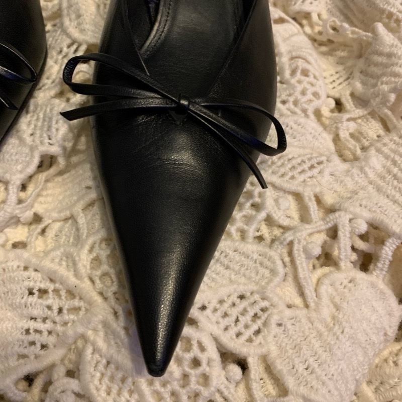 巴黎世家Balenciaga黑色皮革尖頭蝴蝶結 後繫帶扣腳踝跟鞋37 穆勒鞋-51