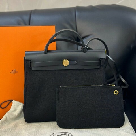 Hermes愛馬仕 herbag31黑金帆布拼皮手提包 肩背包 Z刻