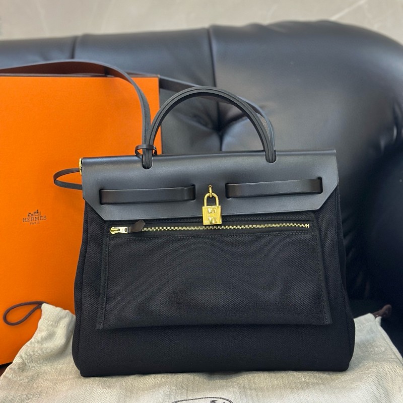 Hermes愛馬仕 herbag31黑金帆布拼皮手提包 肩背包 Z刻-1
