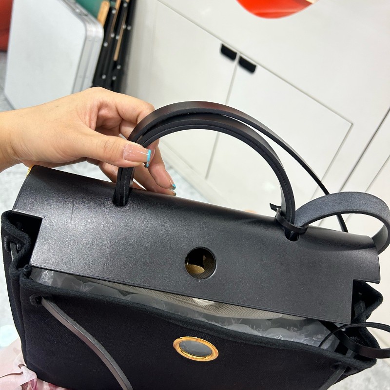 Hermes愛馬仕 herbag31黑金帆布拼皮手提包 肩背包 Z刻-13
