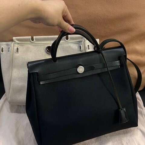 Hermes愛馬仕 herbag31 黑銀 帆布拼皮手提包 肩背包 框D刻