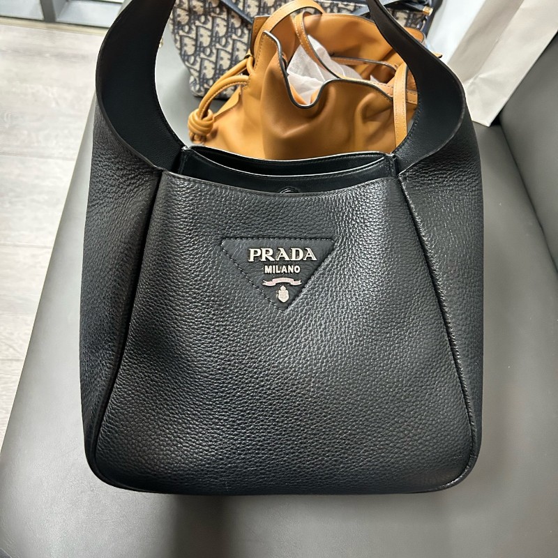Prada 黑銀全皮小號菜籃子托特包 經典三角標 手提包-7