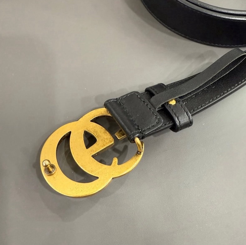 Gucci復古仿舊雙金互扣式牛皮皮帶-1