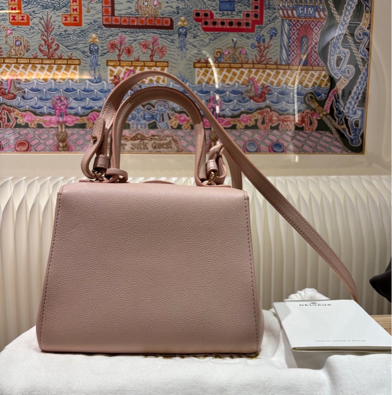 DELVAUX/德爾沃櫻花粉金扣brillant mini手提斜挎包 99新 有購證 尺寸:20*15*10-2