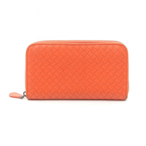 BOTTEGA VENETA Intrecciato Around 拉鍊長款皮夾 114076 皮革 橘色 二手