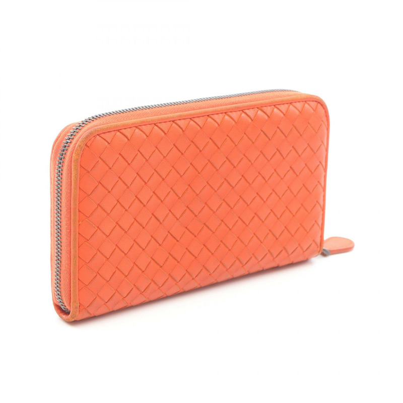 BOTTEGA VENETA Intrecciato Around 拉鍊長款皮夾 114076 皮革 橘色 二手-1