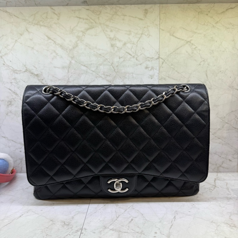 CHANEL黑銀荔枝皮MAXIJUMB0/15-0