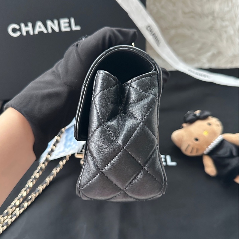 【 配件:防塵袋 💕】Chanel 23A cf mini handle 黑金 黑色 金扣 水鑽 手柄 羊皮 手提 單肩 斜挎-2