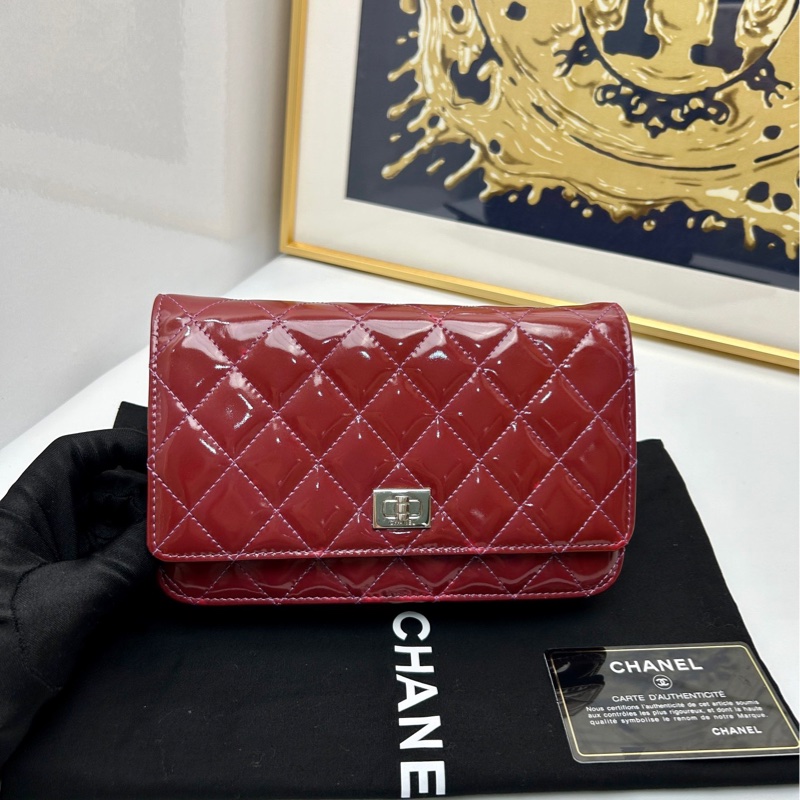 【配件：塵袋 卡 💕】Chanel  2.55 woc鏈條包 紅色銀扣 漆皮單肩斜挎包-0