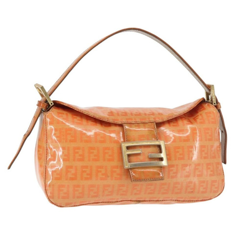 FENDI Zucchino 帆布 Mamma Baguette 單肩包 琺瑯 橙金色 正品 BA6226