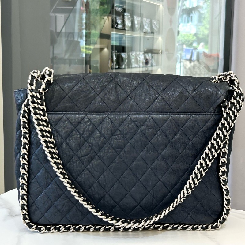 Chanel CF 滾邊鏈條皺褶機場包 雙銀鏈滾邊包 肩背包 深藍色-3