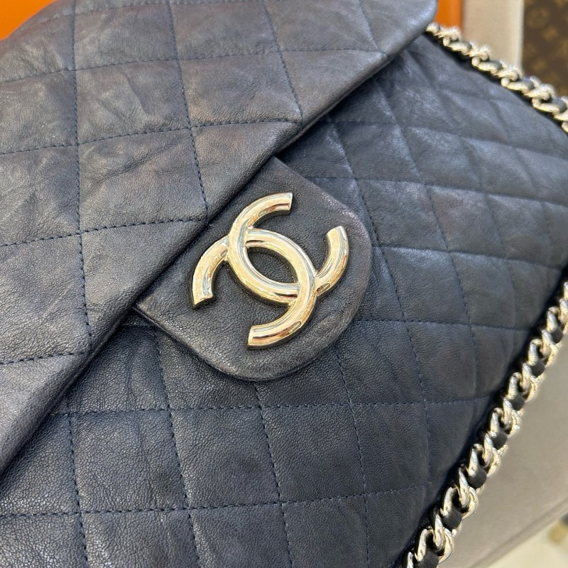 Chanel CF 滾邊鏈條皺褶機場包 雙銀鏈滾邊包 肩背包 深藍色-11