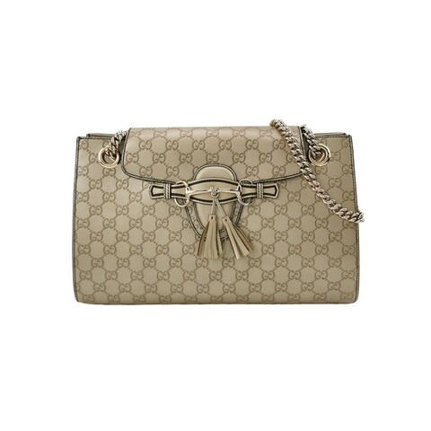 Gucci Emily 牛皮純色雙G壓紋流蘇馬銜扣單肩包