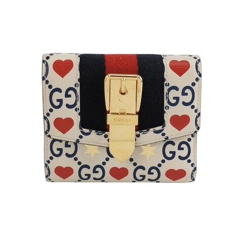 Gucci Sylvie塞爾維亞牛皮帆布拼色雙G愛心印花字母Logo金屬扣織帶錢包