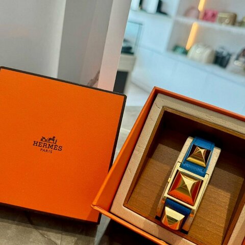 *SHIHNA名牌精品*Hermès 藍色全皮金釦 CDC手環