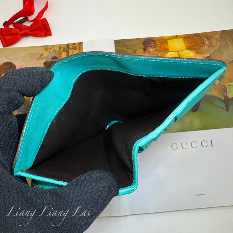 GUCCI GG Supreme 經典帆布拼湖水綠皮革長夾-8