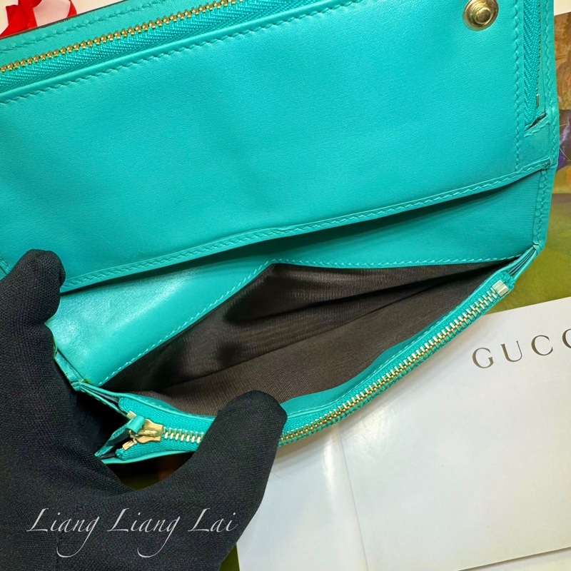 GUCCI GG Supreme 經典帆布拼湖水綠皮革長夾-9