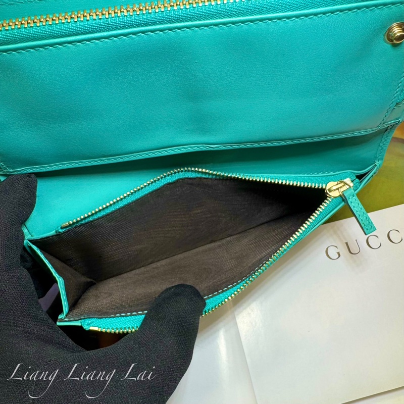 GUCCI GG Supreme 經典帆布拼湖水綠皮革長夾-10