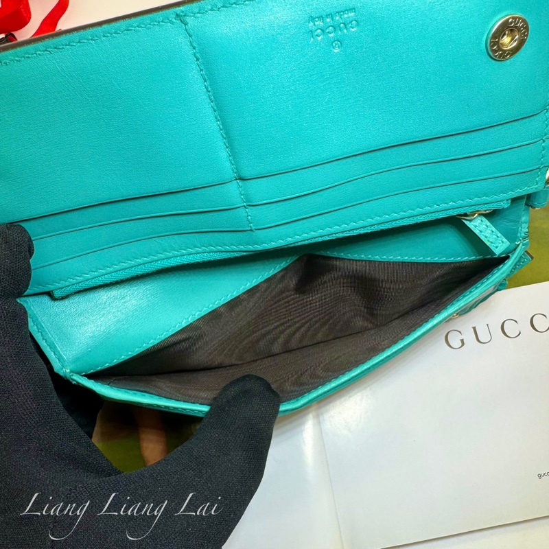 GUCCI GG Supreme 經典帆布拼湖水綠皮革長夾-13