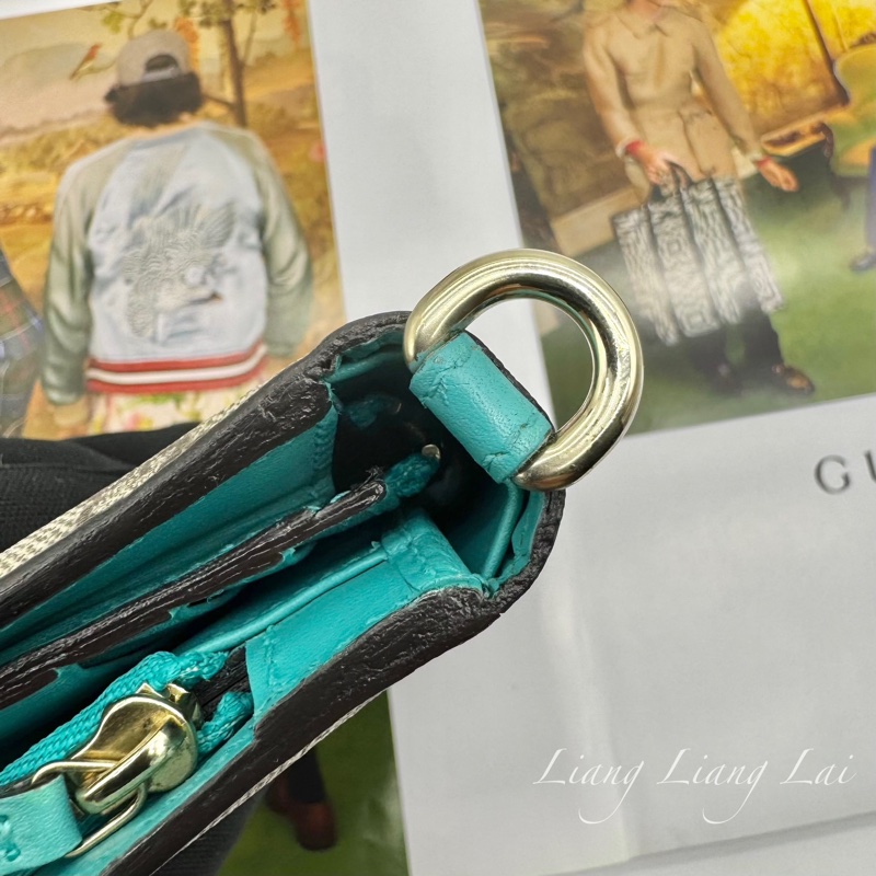 GUCCI GG Supreme 經典帆布拼湖水綠皮革長夾-20