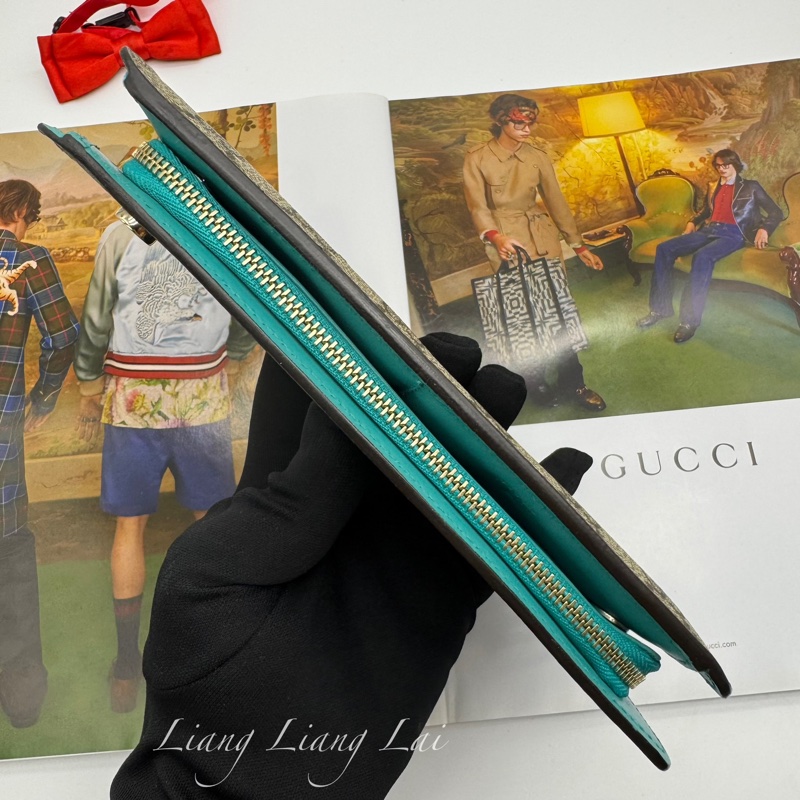 GUCCI GG Supreme 經典帆布拼湖水綠皮革長夾-24